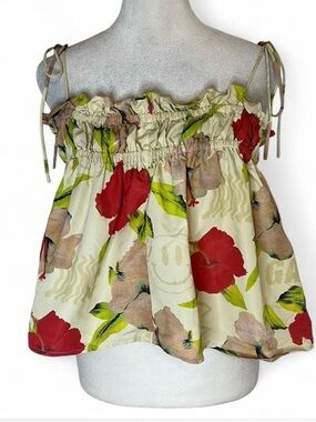 Ganni Cream Floral Tie-Shoulder Smocked Crop Top with Red & Green Accents